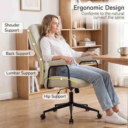 Furniliving Leather Office Chair, Comfy Home Office Desk Chair, Mid Century Modern Office Chair with Lumbar Support, Mid-Back Adjustable Swivel Computer Chair with Wheels and Arms, Light Grey