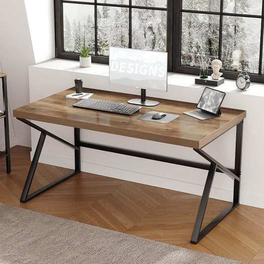 HSH Minimalist PC Desk, Industrial Home Office Desk, Sturdy Wood and Metal Desk, Rustic Vintage Oak 55 Inch Work Study Writing Desks Computer Table for Living Room Bedroom