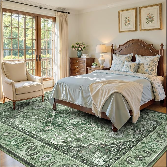 Lofus 8x10 Washable Rugs Non-Slip, Vintage Floral Area Rug for Living Room Bedroom Dining Room Kitchen, Low Pile Distress Print Medallion Carpet Home Decor Rug, Floral Sage Green