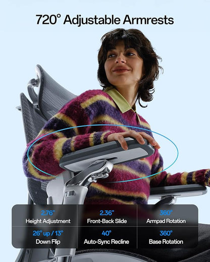 Hbada E3 Pro 2026 Edition Ergonomic Office Chair, Mesh Desk Chair with 3-Zone Floating Lumbar Support, Upgraded 4D Headrest, 720° Armrests, Grey