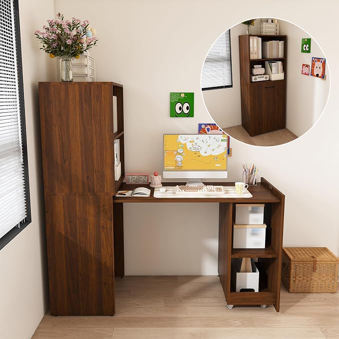 Walnut Murphy Desk with Storage Shelves, Wood Folding Desks for Small Spaces, Expandable Hideaway Computer Desk, Space Saving Pull Out Study Table for Bedroom Apartment (Walnut,)