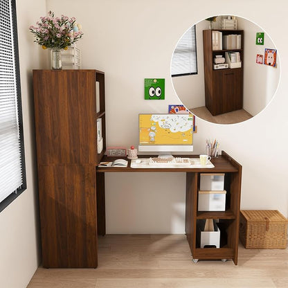 Montary Expandable and Foldable Desk, Mobile Office Desk with Storage Shelves & Wheels, Compact Computer Desk for Small Space, Reversible L Shaped Desk (Walnut)