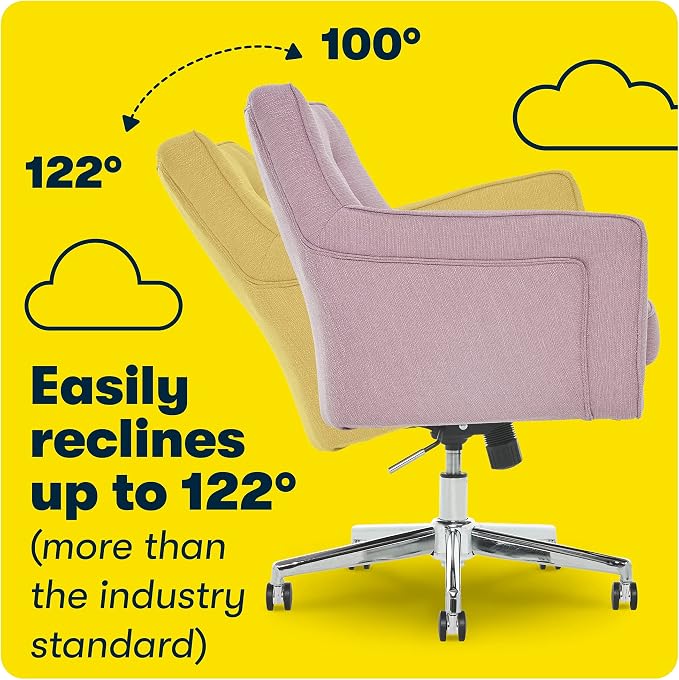 Serta Ashland Home Office Desk Chair with Button Tufted Mid-Back, Memory Foam Cushion and Padded Arms, Mid Century Modern Vanity Armchair with Wheels for Bedroom, Chrome Metal Base, Lilac