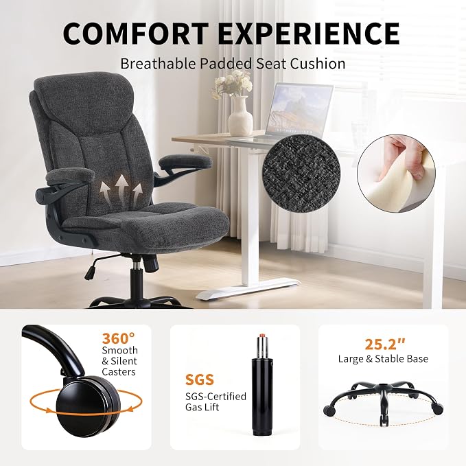 Home Office Ergonomic Desk Chair - Comfy Fabric Executive Chair with Flip-Up Armrests, Height Adjustable Computer Chair for Gaming, 360° Swivel & Rocking (Grey)