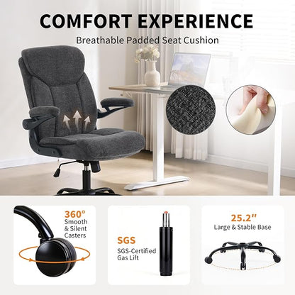 Home Office Ergonomic Desk Chair - Comfy Fabric Executive Chair with Flip-Up Armrests, Height Adjustable Computer Chair for Gaming, 360° Swivel & Rocking (Grey)