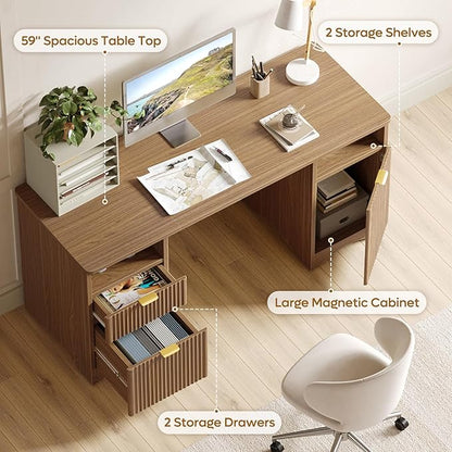 Bestier 59 inch Computer Desk with 2 Drawers, Office Desk with Storage File Cabinet and 2 Open Storage Shelves, Modern Fluted Executive Desk for Home Office Bedroom, Brown Oak
