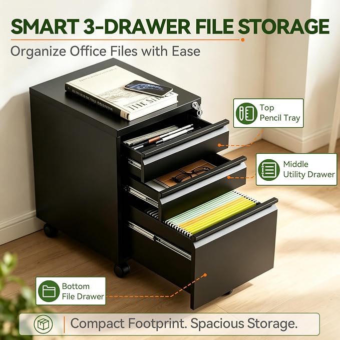 SAWJEC 3 Drawer File Cabinet with Lock, Black Metal Filing Cabinet for Home Office, Fully Assembled, Vertical Locking File Cabinet with Letter Legal A4 Size Hanging Files, 15" W x 17" D x 24" H