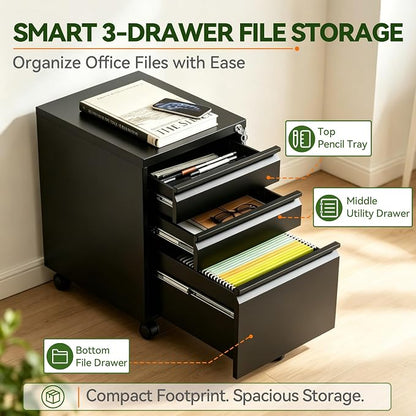 SAWJEC 3 Drawer File Cabinet with Lock, Black Metal Filing Cabinet for Home Office, Fully Assembled, Vertical Locking File Cabinet with Letter Legal A4 Size Hanging Files, 15" W x 17" D x 24" H