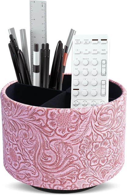 lizimandu Round Leather Art Supply Organizer,Remote Control Holder,360 Degree Spinning,Multi-Functional Pencil Holder,4 Compartments Desktop Stationary Organizer(1-Carved Pink)