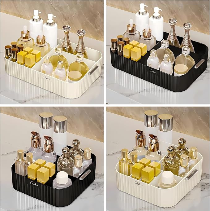 DASITON Large Capacity Makeup Organizer,12 Slots Makeup Brush Holder,Makeup Storage with Handle,Vintage Striped Cosmetic Organizer for Bathroom Countertops,Desk Storage Container(Black)