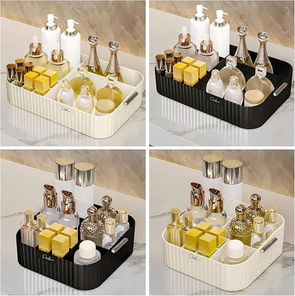 DASITON Large Capacity Makeup Organizer,12 Slots Makeup Brush Holder,Makeup Storage with Handle,Vintage Striped Cosmetic Organizer for Bathroom Countertops,Desk Storage Container(Black)