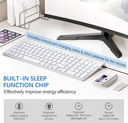Wireless Backlit Keyboard and Mouse Ultra Slim Combo, TopMate 2.4G Silent Compact 2400DPI Mouse and Scissor Switch Keyboard Set, Batteries Included, for PC/Laptop/Windows/Mac/Gaming - BL Matte White