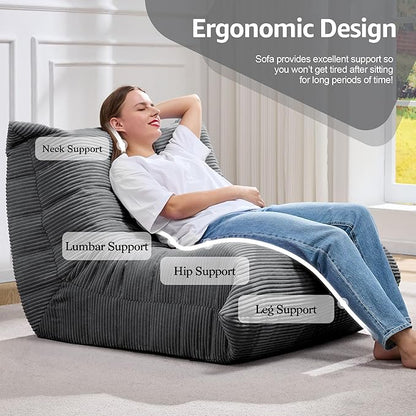 Hobestluk Adults Bean Bag Chair Faux Fur BeanBag Couch for Living Room | Grey Corduroy,Ergonomic Design,Memory Foam,UltraSoft,Anti-slip Bottom,No Assembly Required,Decorative Style for Living Room