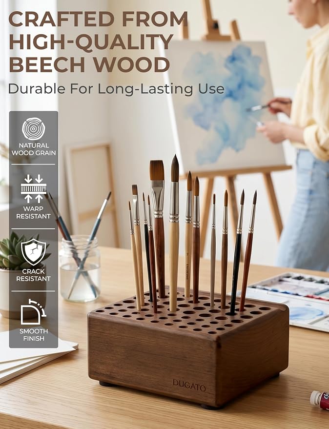DUGATO Wooden Paint Brush Holder, 59 Hole Desk Organizer for Pencils, Pens & Art Supplies, Tabletop Brush Organizer Stand Holder with Built-In Rest Groove