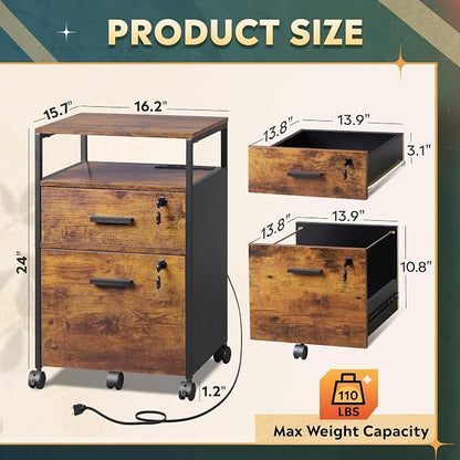 DEVAISE 2 Drawer File Cabinet with Lock, Charging Station & Adjustable Shelf, Rustic Wood Filing Cabinet, Mobile Printer Stand for A4/Letter Size Home Office, Brown