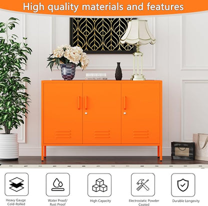 32" Orange 3 Door Lockable Metal Cabinet, Freestanding Multipurpose Heavy Duty Storage Locker with Adjustable Shelves for Home Office Kitchen Living Room Bedroom