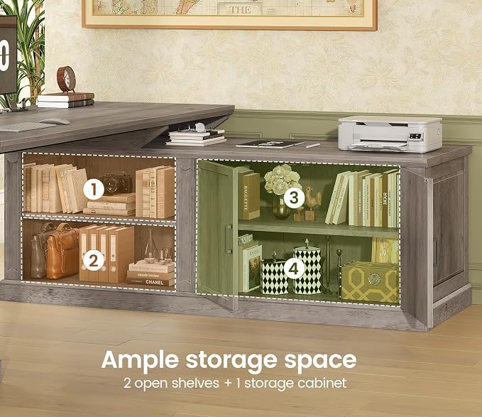 SEDETA Farmhouse L Shaped Desk with Drawers, 70.9" Home Office Desk with Storage Cabinet and Storage Shelves, L Shaped Computer Desk with Power Outlet，Gray