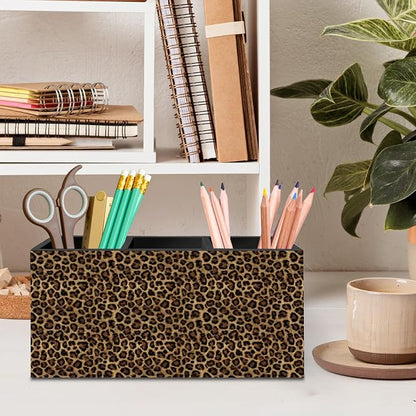 DILSJ Trendy Retro Leopard Print Pen Pencil Holder Organizer for Desk, Cheetah Room Decor, Leopard Print Gifts for Women, Cheetah Wooden Box Signs for Girly Bedroom Dorm Desk Tabletop Decor Supplies