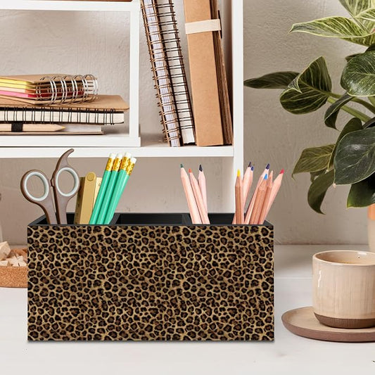 DILSJ Trendy Retro Leopard Print Pen Pencil Holder Organizer for Desk, Cheetah Room Decor, Leopard Print Gifts for Women, Cheetah Wooden Box Signs for Girly Bedroom Dorm Desk Tabletop Decor Supplies