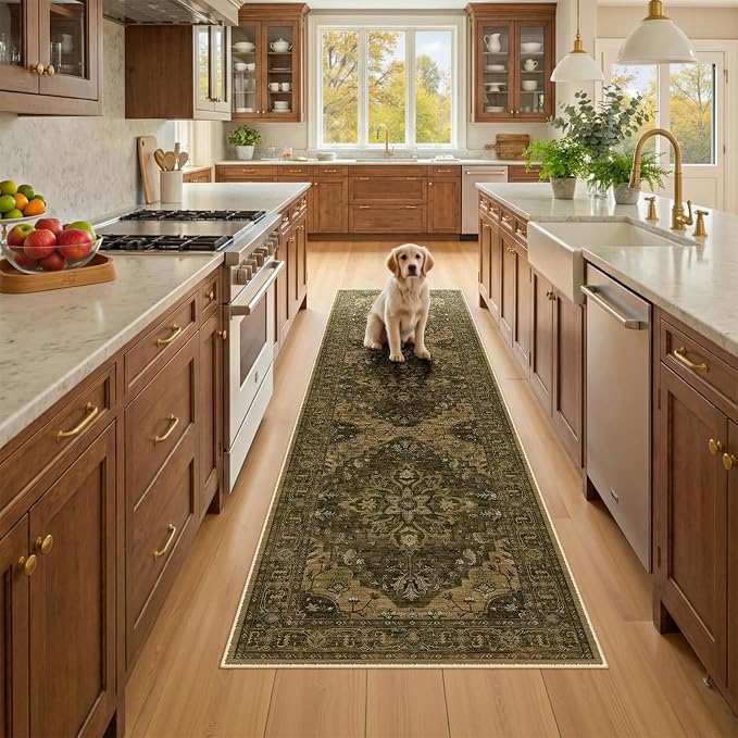 RELEANY Area Rugs Runner 2'6"x8' Washable Non-Slip, Floral Vintage Distress Medallion Carpet for Kitchen Hallway Bedroom Beside Laundry Room Bathroom, Brown Dark Brown