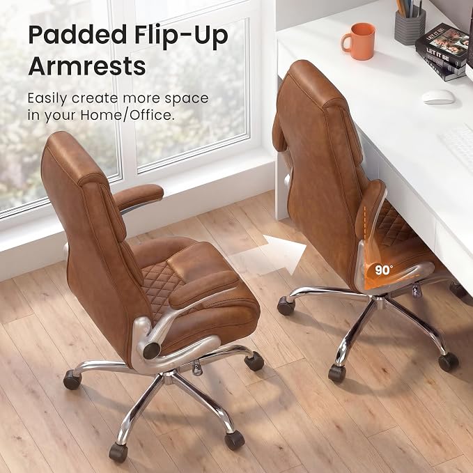 NEO CHAIR Executive Office Chair High Back Ergonomic Computer Desk Chair with Adjustable Lumbar Support Padded FILP-up Arms PU Leather Comfy Task Tilt Swivel for Home (Brown)