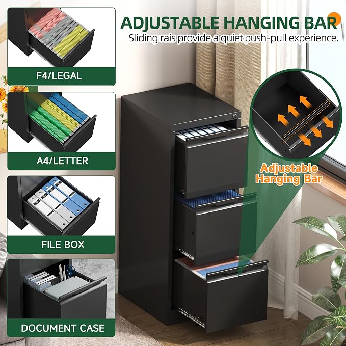 3 Drawer File Cabinet with Lock, Filing Cabinets for Home Office | Lockable File Cabinet, Metal File Cabinet, Heavy Duty File Storage Cabinet for Letter/Legal/A4/F4 Size, Assembly Require
