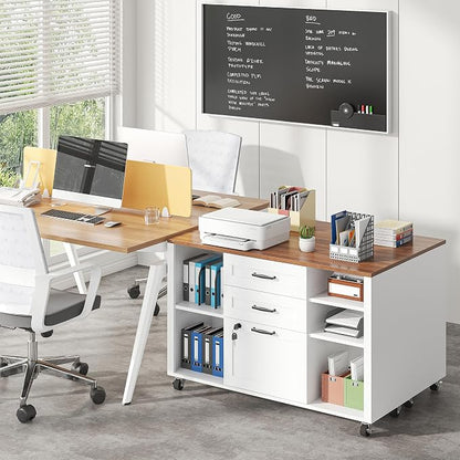 kepptory 3 Drawer Wood Mobile Large lateral File Cabinet with Lock, Lockable Rolling Filing Cabinet with Open Storage Shelves, Printer Stand Office Storage for Home Office Fits Files Legal/A4, White