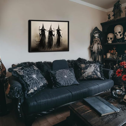 Framed Vintage Witch Canvas Wall Art - Halloween Witchy Wall Decor - Gothic Decor Aesthetics, Creepy Three Witches Rustic Macabre Dark Artwork Prints for Living Room Bedroom 12x16 inch