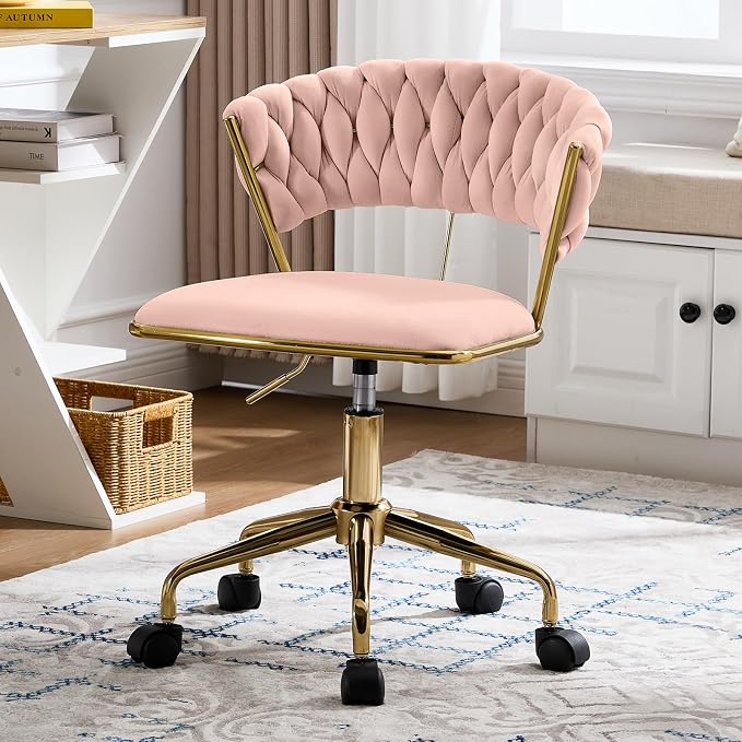 NIOIIKIT Home Office Chair, Velvet Upholstered Task Chair with Woven Open Back, 360° Swivel Desk Chair with Wheels, Adjustable Vanity Chair, Computer Chair for Office, Studio (Pink)