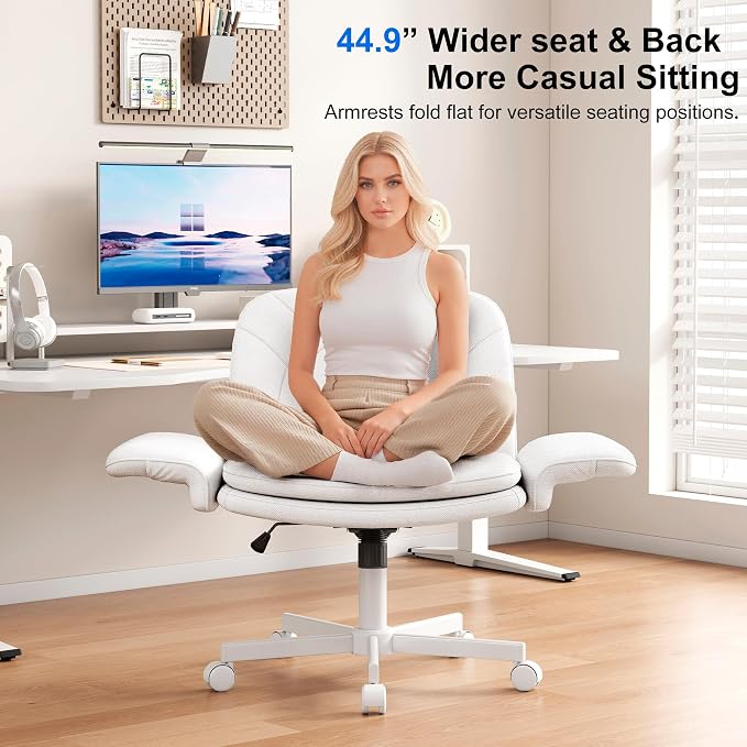 Misolant Criss Cross Chair with Armrests & Wheels for Cross-Legged Sitting, Comfortable PU Leather Vanity Chair, Office Desk Chairs with Adjustable Rocking Function, for Home, Bedroom White