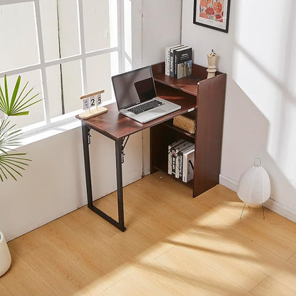 Foldable Desk,Hidden Desk with Storage and Built-in Socket,Mid Century Fold Out Table for Small Spaces,Home Office and Bedroom (Brown)