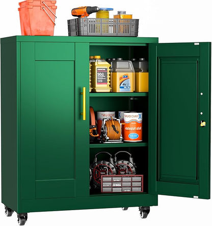 Rolling Metal Tool Storage Cabinet with Doors and Adjustable Shelves, Small Locking Garage Storage Cabinet, Green Steel Tool Cabinets with Wheels for Garage, Basement, Office, Utility Room