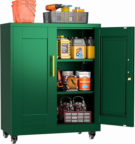 Rolling Metal Tool Storage Cabinet with Doors and Adjustable Shelves, Small Locking Garage Storage Cabinet, Green Steel Tool Cabinets with Wheels for Garage, Basement, Office, Utility Room