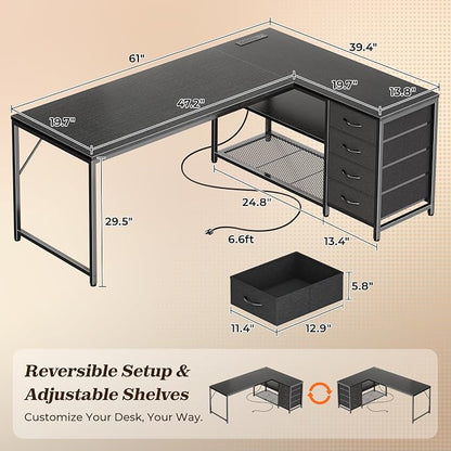 PRAISUN 61" L Shaped Desk with Power Outlets & USB-C Port, Reversible Computer Corner Office Desk with 4 Fabric Drawers and 2 Storage Shelves, Large Desk for Gaming Writing Study, Black
