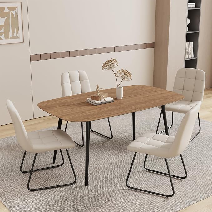 HIPIHOM 55.1'' Dining Table Set for 4,Modern Wood Dining Table,Leather Dining Chairs 4,Table and Chairs Set of 4,Ideal for Kitchen Dining Room (Walnut Color Table + 4 U-Shaped White Chairs, 55.1")
