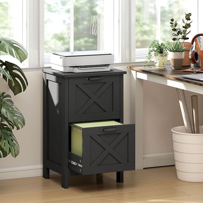 HOMCOM 2 Drawer Vertical File Cabinet with Silent Slides, Rustic Farmhouse Filing Cabinet with Barn Doors for A4/Letter Size, Printer Stand with Storage for Home Office, Distressed Black