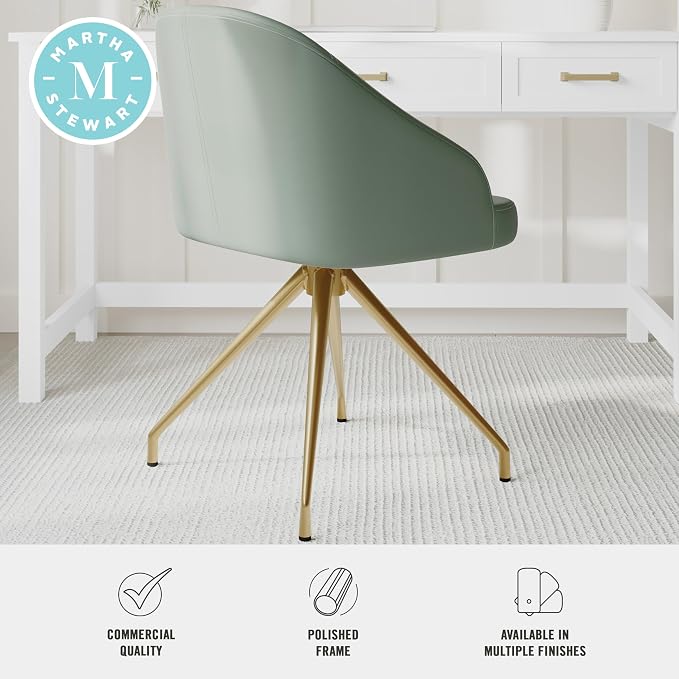 Martha Stewart Sora Stationary Swivel Task Chair with Sloped Arms for Home Office in Sage Faux Leather with Polished Brass Frame