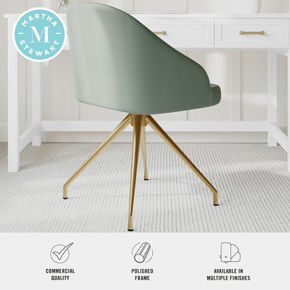 Martha Stewart Sora Stationary Swivel Task Chair with Sloped Arms for Home Office in Sage Faux Leather with Polished Brass Frame