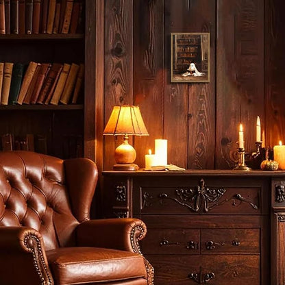 Framed Vintage Library Ghost Wall Art - Ghost Reading Canvas Print Halloween Decor, Gothic Victorian Dark Academia Halloween Wall Decor for Bedroom Office 8x10 inch Wood Frame