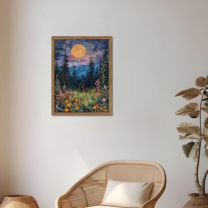 Framed Nature Forest Canvas Wall Art, Full Moon above Wildflowers and Woodland Painting, Midnight Floral Trees Art Print, Farmhouse Nature Wall Decor for Bedroom Living Room 8x10 inch