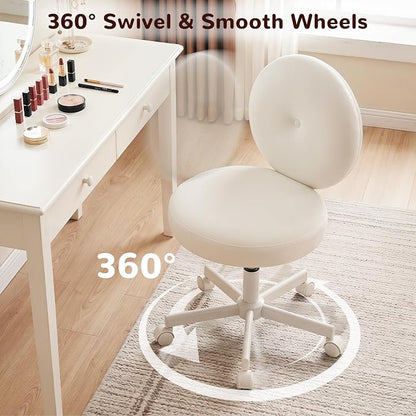 Furniliving Round Velvet Vanity Chair with Wheels, 360° Swivel Armless Desk Chair, Adjustable Height Rolling Makeup Chair for Bedroom Study Room, White