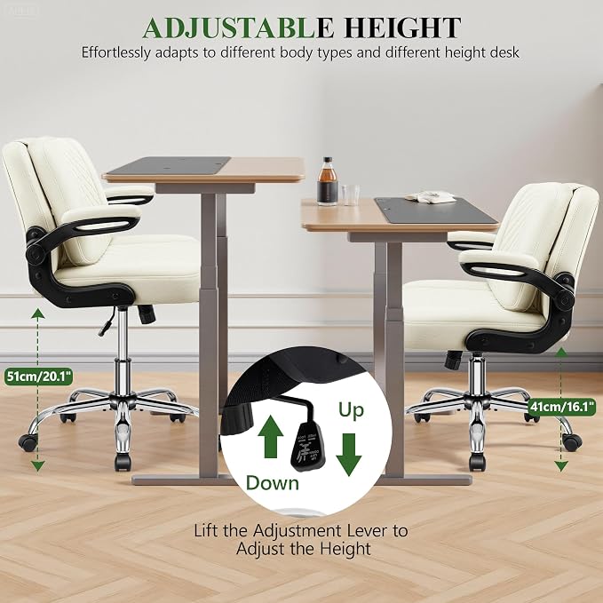 Criss Cross Office Chair with 2-in-1 Flip Backrest – Ergonomic PU Leather Floor Sitting Chair, Adjustable Height, 360° Swivel & Flip-Up Arms, Extra-Wide Seat for Home Office, Vanity, Nail Salon-White