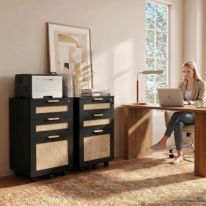 HOPUBUY 3 Drawer File Cabinet with Lock, Small Rattan Filing Cabinets with Wheels, Wood Rolling Office Storage for Under Desk Home Office,Black