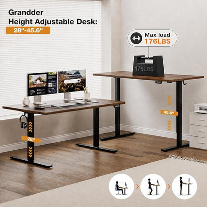 Grandder 47x32 Large Electric Standing Desk, Height Adjustable Computer Desk with 2 Memory Presets, 31.5" Deep Desktop Sit Stand Desk Home Office Desk Workstation Table with Hooks, Walnut