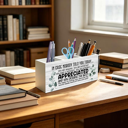 Inspirational Pen Pencil Holder Organizer for Desk, Appreciation Thank You Gifts for Women Men Friends Coworkers Wood Signs for Home Office Desk Tabletop Decor Accessories