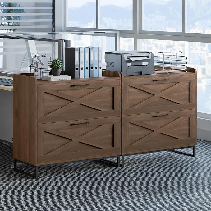 Vabches Lateral File Cabinet 2 Drawer File Cabinet with Charging Station, Modern Farmhouse Large Wood File Storage Cabinet for Home Office Furniture(Dark Walnut)