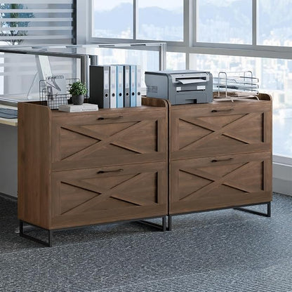 Vabches Lateral File Cabinet 2 Drawer File Cabinet with Charging Station, Modern Farmhouse Large Wood File Storage Cabinet for Home Office Furniture(Dark Walnut)