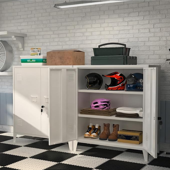 Metal Storage Cabinet 35.4”H Lockable Storage Cabinet (White) | With 2 Adjustable Shelves and Doors, White Small Storage Cabinet for Home Warehouse Office Garage