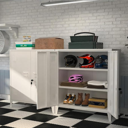 Metal Storage Cabinet 35.4”H Lockable Storage Cabinet (White) | With 2 Adjustable Shelves and Doors, White Small Storage Cabinet for Home Warehouse Office Garage