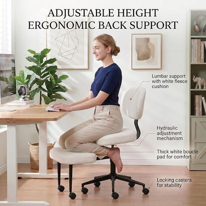 Cross Legged Office Chair with Wheels, 360 Swivel Height-Adjustable Meditation Chair with Lumbar Support, White